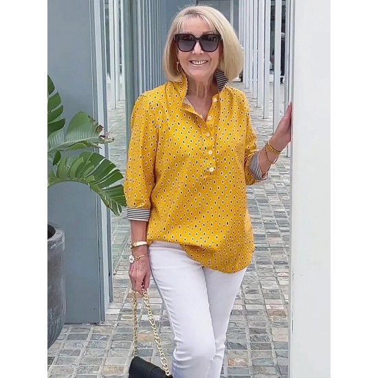 【Bestseller】 3/4-Arm-Shirt mit bedrucktem Stehkragen