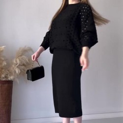 Herbst-NeuankünfteGestricktes durchbrochenes langrmeliges Top & rmelloses Kleid Set