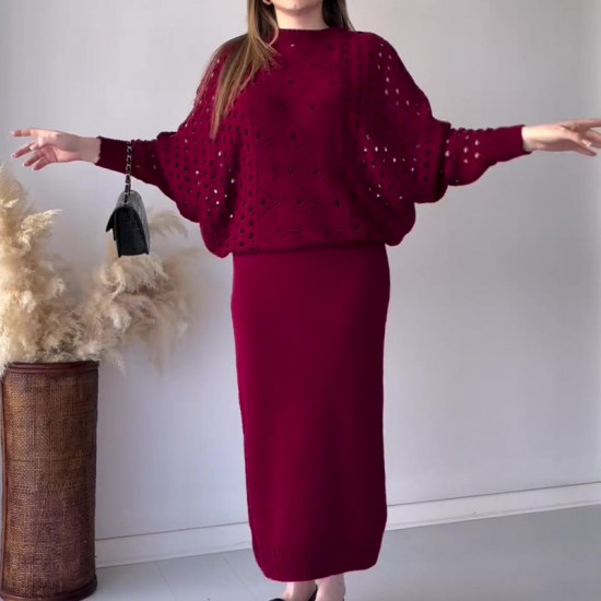 Herbst-NeuankünfteGestricktes durchbrochenes langrmeliges Top & rmelloses Kleid Set