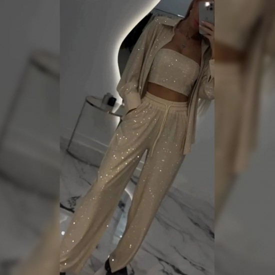 Paillettenblazer und weite Hose für Damen (3-teiliges Set)