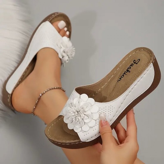 Damen bequeme Slip-On Sandalen mit Blumenverzierung